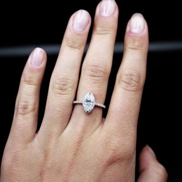 Moissanite Engagement Ring Marquise Cut Halo Pave CZ Sterling Silver 7 NWT - Picture 9 of 13